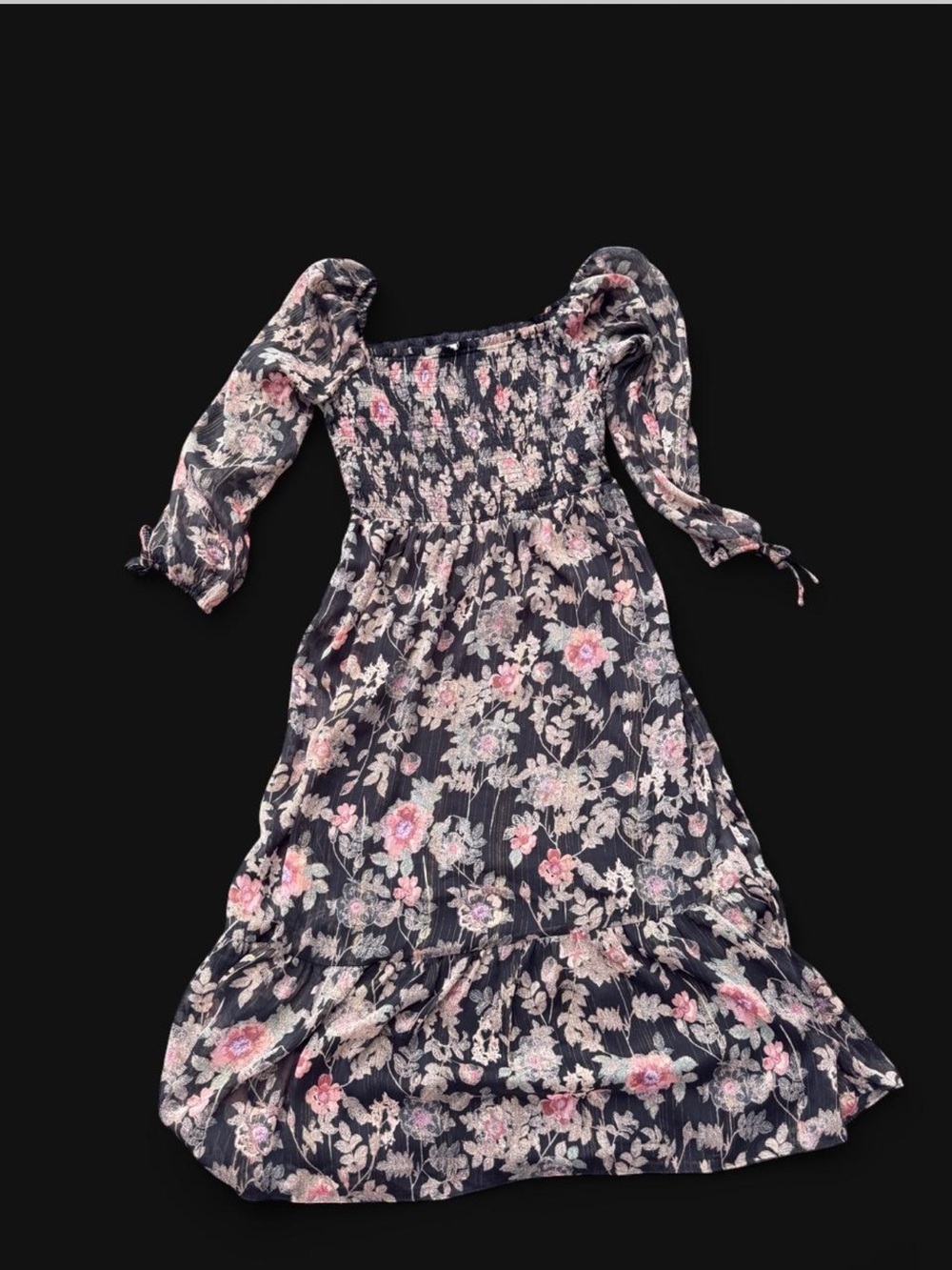 LC Lauren Conrad Black Floral Smocked Midi Dress with Puff Sleeves